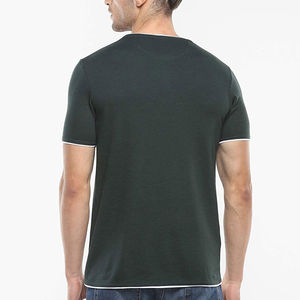 Men's Dark Green O-Neck Short Sleeve T-<b>Shirt</b> Slim Fit Knitted Cotton Casual Solid Color Contrast Trim Regular Length - Product Image 5