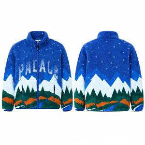 <b>Men's</b> Blue Fleece <b>Jacket</b> With Mountain Print Zipper Stand Collar Thick Winter Wear Casual Style <b>Sherpa</b> Lining - Product Image 1
