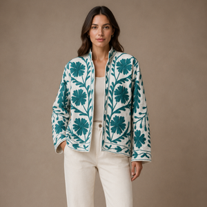 Veste d'hiver en coton Suzani indienne faite à la main, brodée à la main, longueur normale, unisexe, avec col montant - Product Image 1
