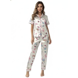 Night Suit for Women Full Sleeve Button-<b>Down</b> Shirt Top & Pajama <b>Pant</b> Two-Piece Comfortable Cotton Loungewear Set - Product Image 1