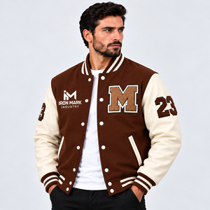IRON MARK INDUSTRIES Men's Eco-Friendly <b>Brown</b> Color Block Varsity Jacket Crew Neck <b>Wool</b>/Viscose Shell Embroidered Letter M - Product Image 5