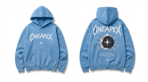 Sudadera con Capucha para Hombre, Azul Claro, Lavada, Desgastada, con Estampado Gráfico, Estilo Urbano Informal - Product Image 5