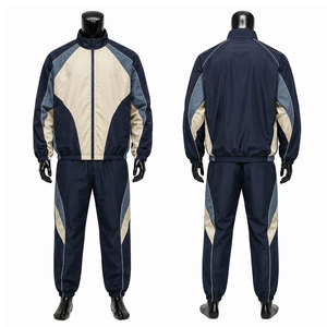 Survêtement pour homme bleu marine et beige, manches longues, fermeture éclair, respirant, sportif, vêtement d'automne, coupe régulière, coupe-vent - Product Image 1