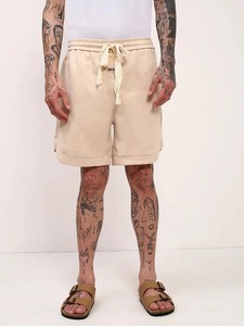 Men's Beige Cotton Canvas Bermuda Shorts With Drawstring Waist Casual Style Mid Rise Solid Color Breathable Design Shorts - Product Image 2