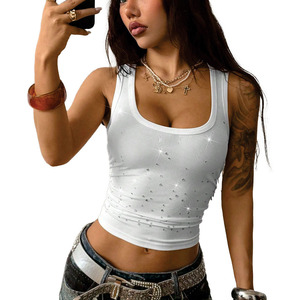 Wholesale Women Ribbed Tank <b>Top</b> <b>Rhinestone</b> Slim Fit Y2K Streetwear Sleeveless Fashion Supplier - Product Image 3