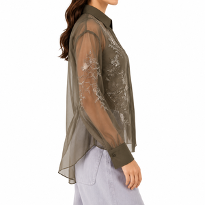 Blusa de malla transparente para mujer, camisa de manga larga con botones y bordado floral, color verde oliva - Product Image 3