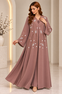 Elegant Dusty Rose Embroidered Abaya Long Sleeve V Neck Floor Length Modest Muslim Women <b>Dress</b> Floral <b>Prayer</b> Wear Luxurious Gown - Product Image 2