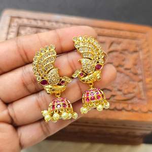 Antique Gold Plated Peacock Jhumki Earrings with Pearl Charm for Wedding and Party - Product Image 3