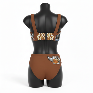 ชุดบิกินี่คุณภาพสูง 185 GSM ผ้าโพลีสแปนเด็กซ์สีน้ำตาล ผ้าเนื้อยืด แต่งผ้าเดนิมลายขาด ปักโลโก้ สำหรับผู้หญิง - Product Image 5