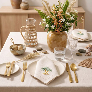 Serviette de table carrée en lin 100% brodée sur mesure avec motif palmier, ourlet festonné, lavable en machine, durable, pour la maison et l'hôtellerie - Product Image 5