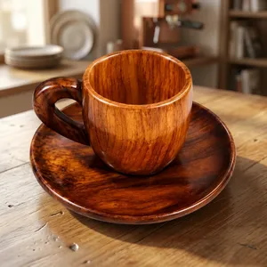 Ensemble tasse et soucoupe en bois artisanal, 1 tasse et 1 soucoupe |   Ensemble de tasses à thé et à café en bois rustique |   Vaisselle artisanale pour table à manger - Product Image 3