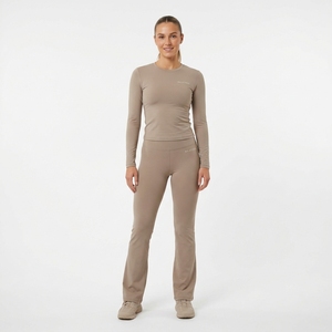 Women Beige <b>Long</b> <b>Sleeve</b> <b>Top</b> Flared Pants Yoga Set Gym Fitness <b>Workout</b> Activewear Matching Two Piece Set - Product Image 1