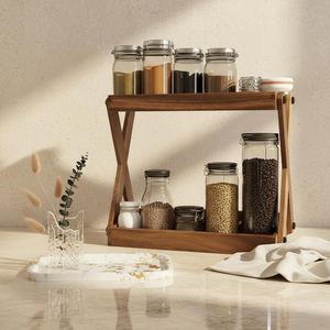Wooden Double Tier <b>Storage</b> <b>Rack</b> For <b>Kitchen</b> Countertop Minimalist Style Standing Type Durable With Coffee Bag Holder perfume - Product Image 6