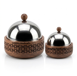 Luxury Wooden Stainless Steel Hot <b>Pot</b> Mirror Polish Lid Casserole <b>Set</b> Decorative Food Warmer Carved Serving Casseroles - Product Image 2