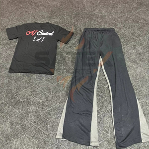 Custom Manufacturer 100% Cotton Vintage Graphic Acid Wash Cropped Streetwear Men T-shirt and Pant <b>Set</b> - Product Image 1