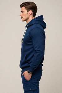<b>Men's</b> <b>Navy</b> Blue Solid Embroidered Hooded Cotton <b>Fleece</b> Sweatshirt Casual Pullover with Front Pocket - Product Image 2
