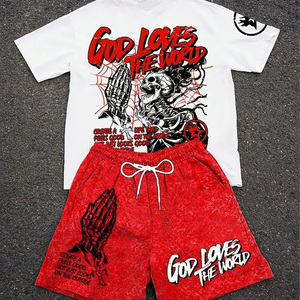 Nouvelle Collection 2026 : Ensemble T-shirt et Short en Coton Style Urbain pour Homme, Imprimé Crâne Rouge et Blanc, Tenue d'Été - Product Image 1