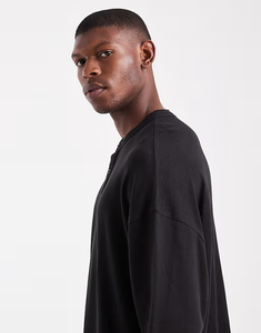 <b>Men's</b> Black <b>Long</b> <b>Sleeve</b> <b>Henley</b> Knit Pullover Regular Fit Casual Button Up Collar 100% Cotton Breathable Autumn Wear - Product Image 6