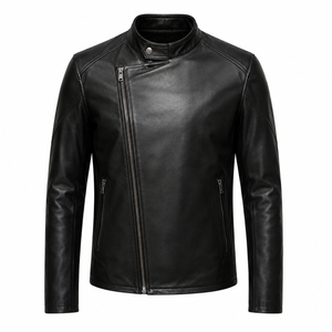 Veste en cuir véritable noire pour homme de haute qualité, coupe ajustée, col montant, fermeture éclair, style motard, pour l'automne - Product Image 4