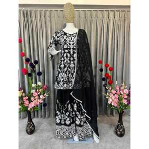 FANCY GEORGETTE DISEÑO BORDADO TRABAJO TOP PALAZZO CON DUPATTA NEGRO - Product Image 1