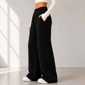 Women High Waist Wide Leg <b>Pants</b> Knitted Elastic Waist Solid Black Full Length Loose Fit Casual <b>Pants</b> With Pockets - Product Image 3