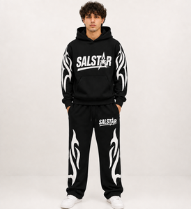 Conjunto de chándal negro personalizado para hombre, sudadera con capucha y pantalones deportivos, estampado de llamas negras, ropa deportiva informal, conjunto de 2 piezas - Product Image 1