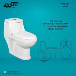 โถสุขภัณฑ์เซรามิก Sanso One Piece-108 แบบ Washdown ทรงยาว ผลิตในอินเดีย ผู้ผลิต ผู้ส่งออก ขายส่ง จำหน่ายจำนวนมาก - Product Image 2
