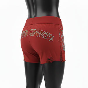 Shorts pour femmes en coton premium et élasthanne, doux et extensibles, avec logo personnalisé par transfert thermique rouge cristal. - Product Image 5
