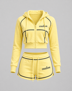 Ensemble de survêtement rose pour femme, deux pièces personnalisées, avec crop top zippé et short, vêtements de sport, fournisseur OEM - Product Image 6