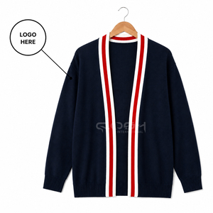 Cardigan en tricot personnalisé Cosh International avec logo, rayures rouges et blanches, col en V, manches longues, pull décontracté à ouverture devant - Product Image 1