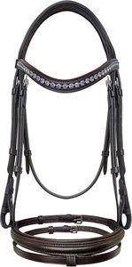Bridon d'obstacle anatomique pour cheval anglais avec frontale en cristal vert, muserolle en cuir rembourrée - Product Image 4