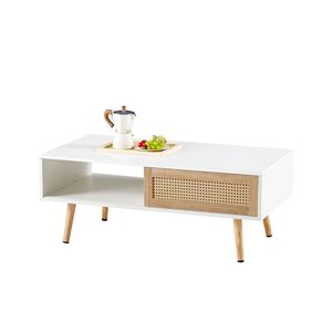 Tavolino da Caffè Moderno in Rattan Bianco da 105 cm con Ante Scorrevoli e Gambe in Legno Massello per Soggiorno - Product Image 4