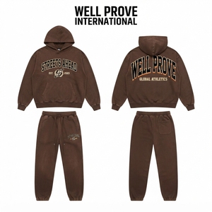 Conjunto Deportivo Vintage Marrón para Hombre, 380 GSM, Felpa de Poliéster de Peso Medio, Sudadera con Bordado Chenille, Pantalones Deportivos, Impermeable y Ecológico - Product Image 1