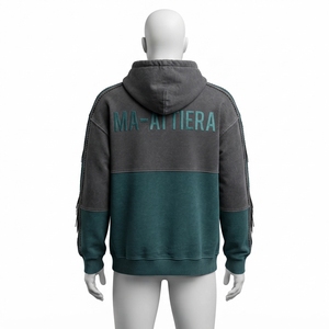 Sudadera con Capucha para Hombre, Color Carbón y Verde Azulado, Lavado Ácido, con Cinta de Contraste en las Mangas, Bolsillo Canguro, Estilo Urbano, Personalizable OEM - Product Image 2