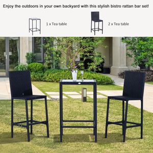 Set da Bar in Vimini Nero a 3 Pezzi per Tutte le Stagioni, Altezza Bancone con Tavolo in Vetro e Sgabelli per Uso Esterno, Seminterrato o Club - Product Image 6
