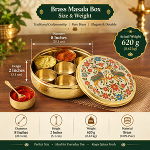 Elegant Dear Printed Design Brass Masala Dabba Spice <b>Box</b> <b>with</b> Floral Engraved <b>Lid</b> Handmade Kitchen Storage Container - Product Image 5