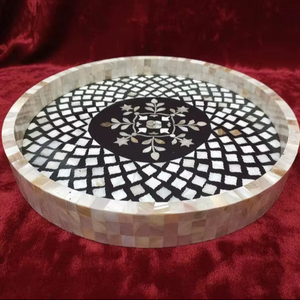 Bandeja Otomana Circular Hecha a Mano con Incrustaciones de Madreperla |   Diseño Geométrico Floral con Temática de Ramadán, Estilo Moderno Rústico Multifuncional - Product Image 1