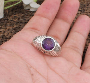 Bague en argent sterling 925 avec améthyste naturelle sertie clos, pierre de naissance de février, gemme violet foncé, bijoux fins classiques pour mariage - Product Image 3
