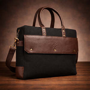 Classic Canvas Laptop Briefcase Gray black Two-Tone Durable Office Business Bag with Leather Handles and Shoulder Strap - Product Image 3