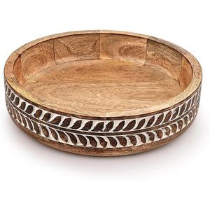 Plateau de service rond en bois avec incrustation émaillée, assiette décorative en bois pour hôtel et restaurant |   Plateau en bois de manguier à motif floral - Product Image 6