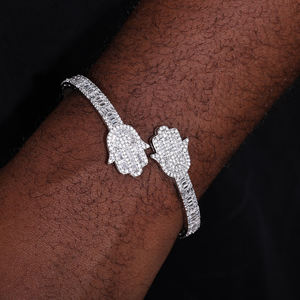 Luxury 925 <b>Silver</b> Rhodium Plated <b>Cuff</b> <b>Bracelet</b> Women's Diamond Baguette Cut Hamsa Hand Channel Setting Jewelry - Product Image 3