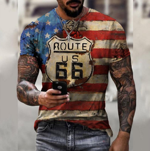 Nouveaux T-shirts d'été pour hommes, coupe ample et oversize, style vintage, manches courtes, imprimé lettres Route 66, col rond - Product Image 2