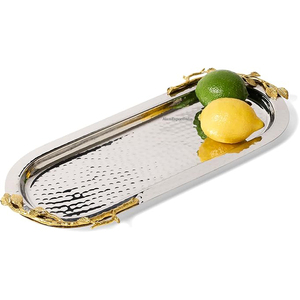 ถาดเสิร์ฟสแตนเลสทรงรีขัดเงา ดีไซน์ลายตอกแบบใหม่ ขายดี พร้อมหูจับสีทองลายใบไม้ ขนาดสั่งทำได้ - Product Image 1