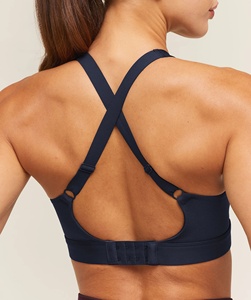 Sujetador deportivo para mujer, estilo halter, espalda cruzada, copa completa, sin aros, color azul marino, de spandex y poliéster, transpirable, lavable a máquina - Product Image 5