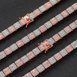 Mens Lab Grown Diamond 925 Silver Baguette Link Chain Two Tone Rose Gold Iced Out Luxury <b>Statement</b> <b>Necklace</b> Fashion Chain - Product Image 5