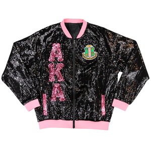 AKA <b>Sequin</b> <b>Jacket</b> Black Pink Sorority Bomber <b>Jacket</b> Glitter Zip Up Women Fashion Statement Party <b>Jacket</b> Stylish Trendy Outfit - Product Image 1