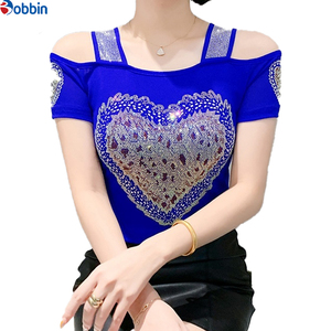 Camiseta de mujer con diamantes y corazón grande, cuello cuadrado, brillante, con pedrería, de doble capa, transpirable, de malla, para chicas. - Product Image 2