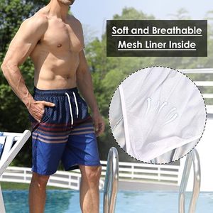 Shorts de Baño para Hombre con Estampado de Tortuga, Poliéster/Algodón Elástico, Secado Rápido, Cintura con Cordón Ajustable, Azul con Rayas Rojas y Grises - Product Image 4