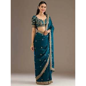 Robes pour la mère de la mariée, élégantes robes de soirée en soie brodée bleue avec un sari et une blouse - Product Image 5
