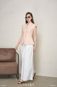 Chaleco sin Mangas con Cuello Mandarín Beige para Mujer, con Botones, Elegante, de Poliéster/Spandex, Estilo Casual de Oficina, YONA - Product Image 2